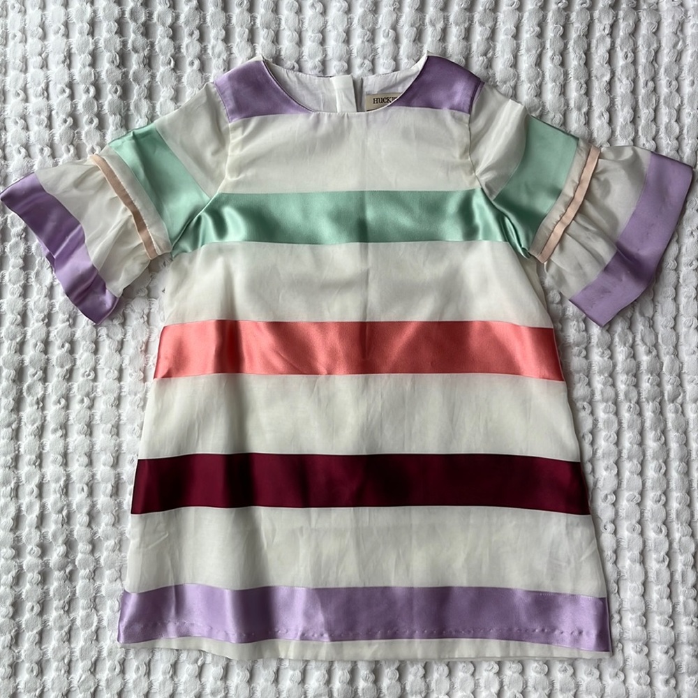 Hucklebones London silk striped dress. Belle sleeve detail.